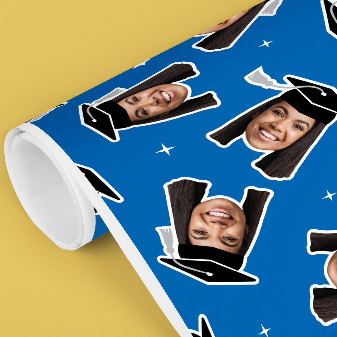 Personalized Photo Blue Graduation Wrapping Paper, Graduate Cap with Tassel