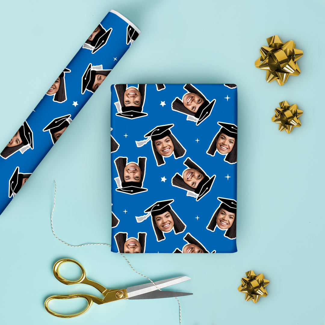 Personalized Photo Blue Graduation Wrapping Paper, Graduate Cap with Tassel