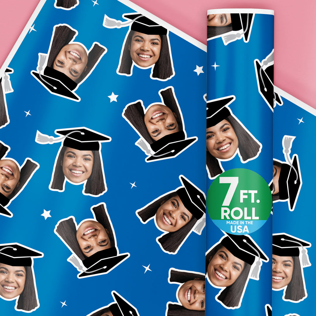 Personalized Photo Blue Graduation Wrapping Paper, Graduate Cap with Tassel