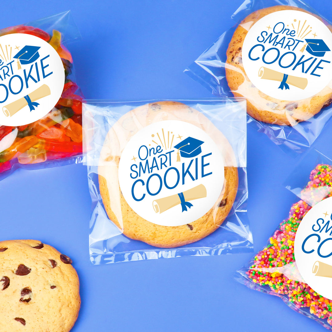 Blue graduation cookie favors displayed