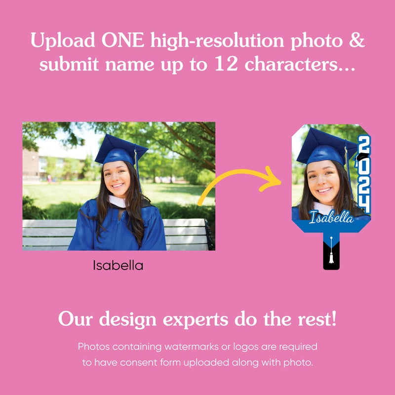 Big Dot of Happiness Custom Blue Grad Photo Paddles, Class of 2024 Face Fans with Handles, Personalized Grad Big Head on Stick, Graduation Face Cutouts, Party Photo Booth Props, Blue 1pc