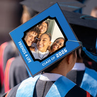 Graduation day cap styled with blue personalized cover