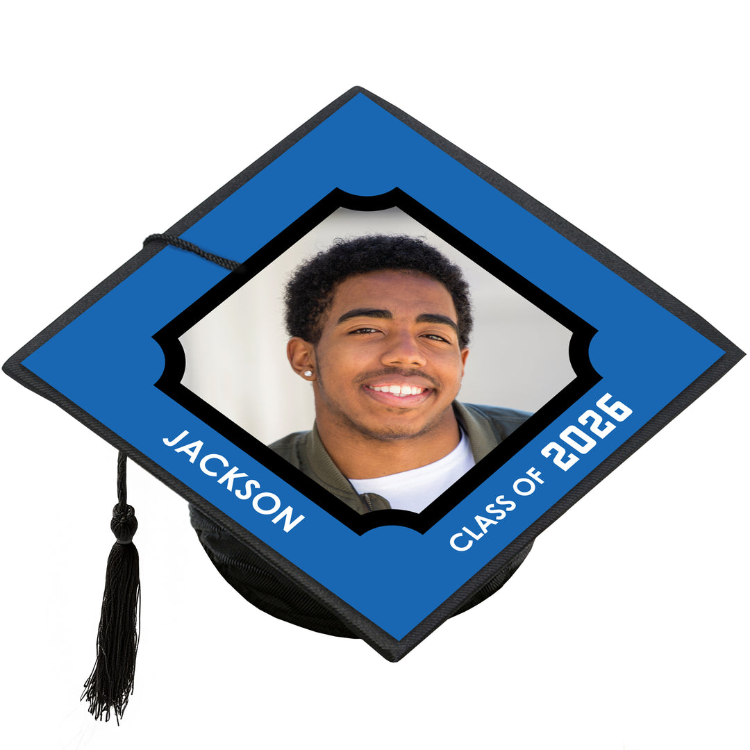 Blue personalized graduation cap cover Class of 2026