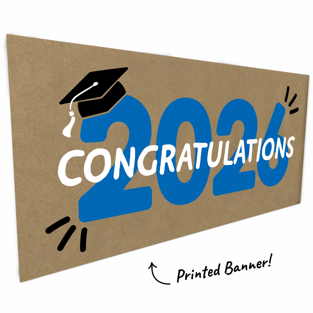 Blue 2026 graduation banner close-up