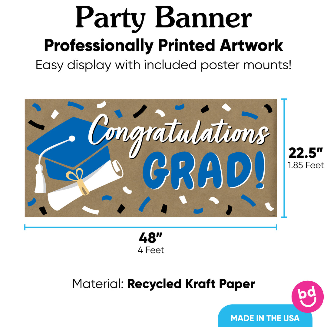 Blue graduation banner printed on brown kraft paper