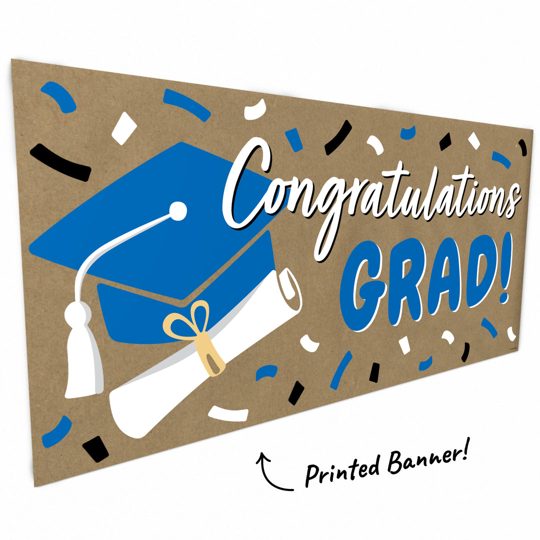 Blue hand-painted style graduation banner close-up