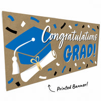 Blue hand-painted style graduation banner close-up