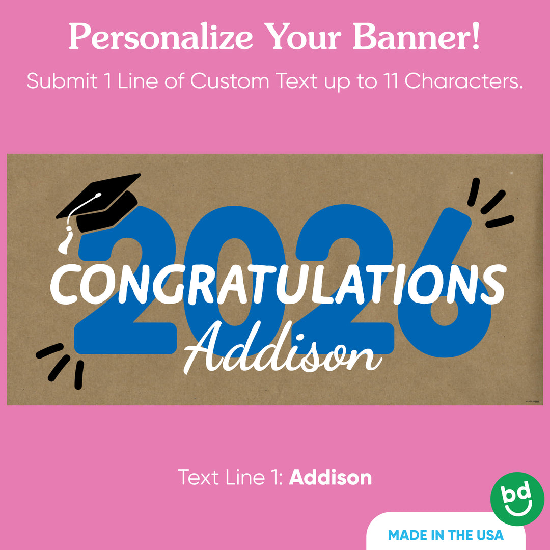 Custom name blue 2026 graduation banner on kraft paper