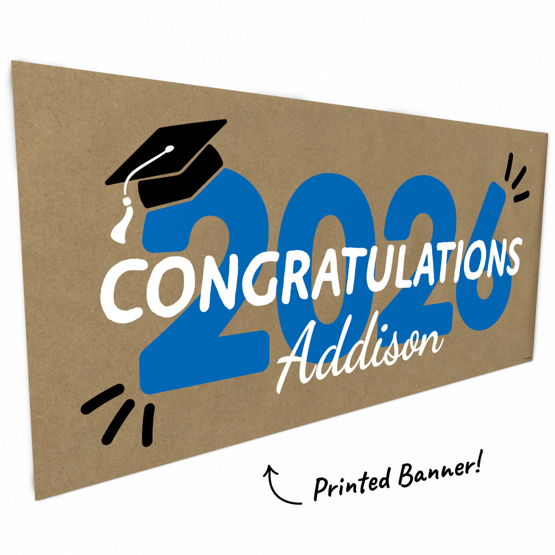 Blue 2026 graduation banner hand-painted style close-up