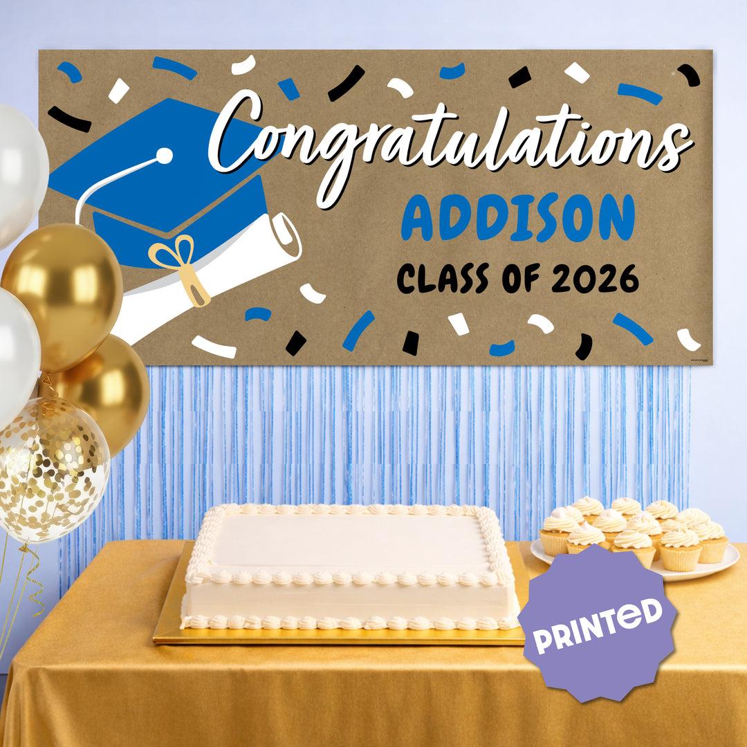 Blue graduation banner hanging at party