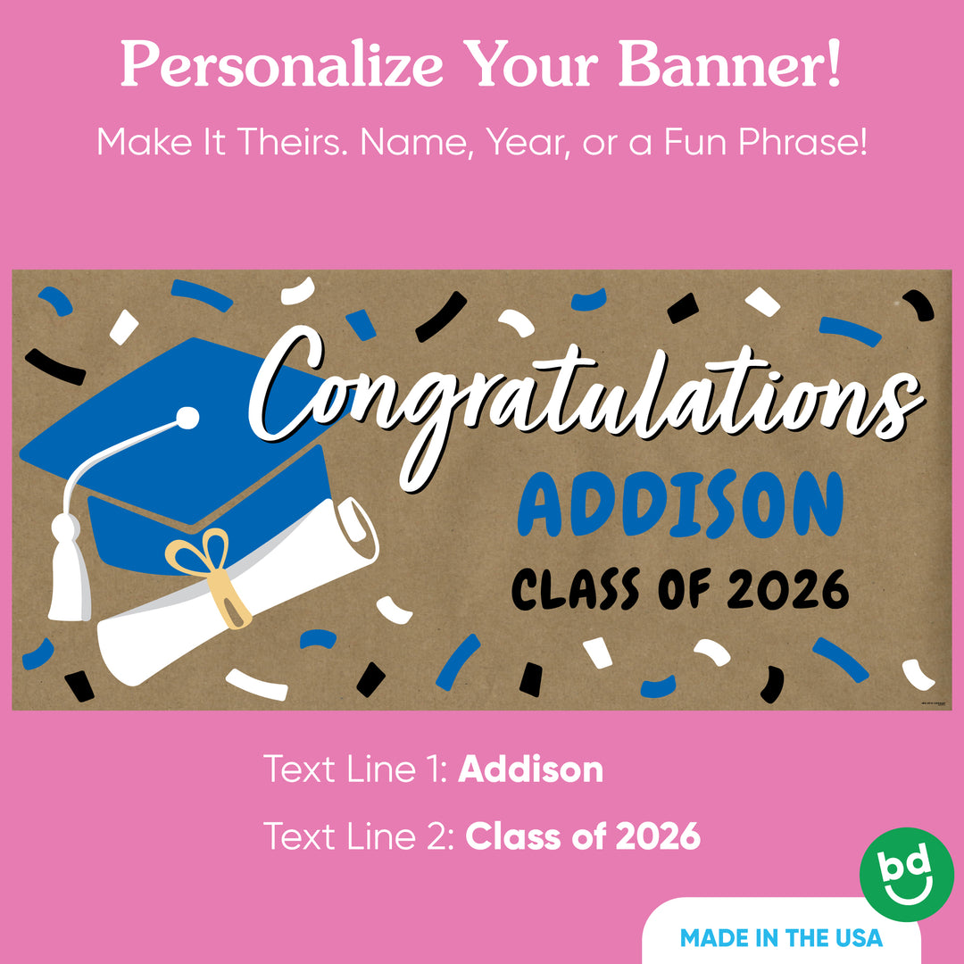 Custom name blue graduation banner on kraft paper