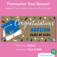 Custom name blue graduation banner on kraft paper