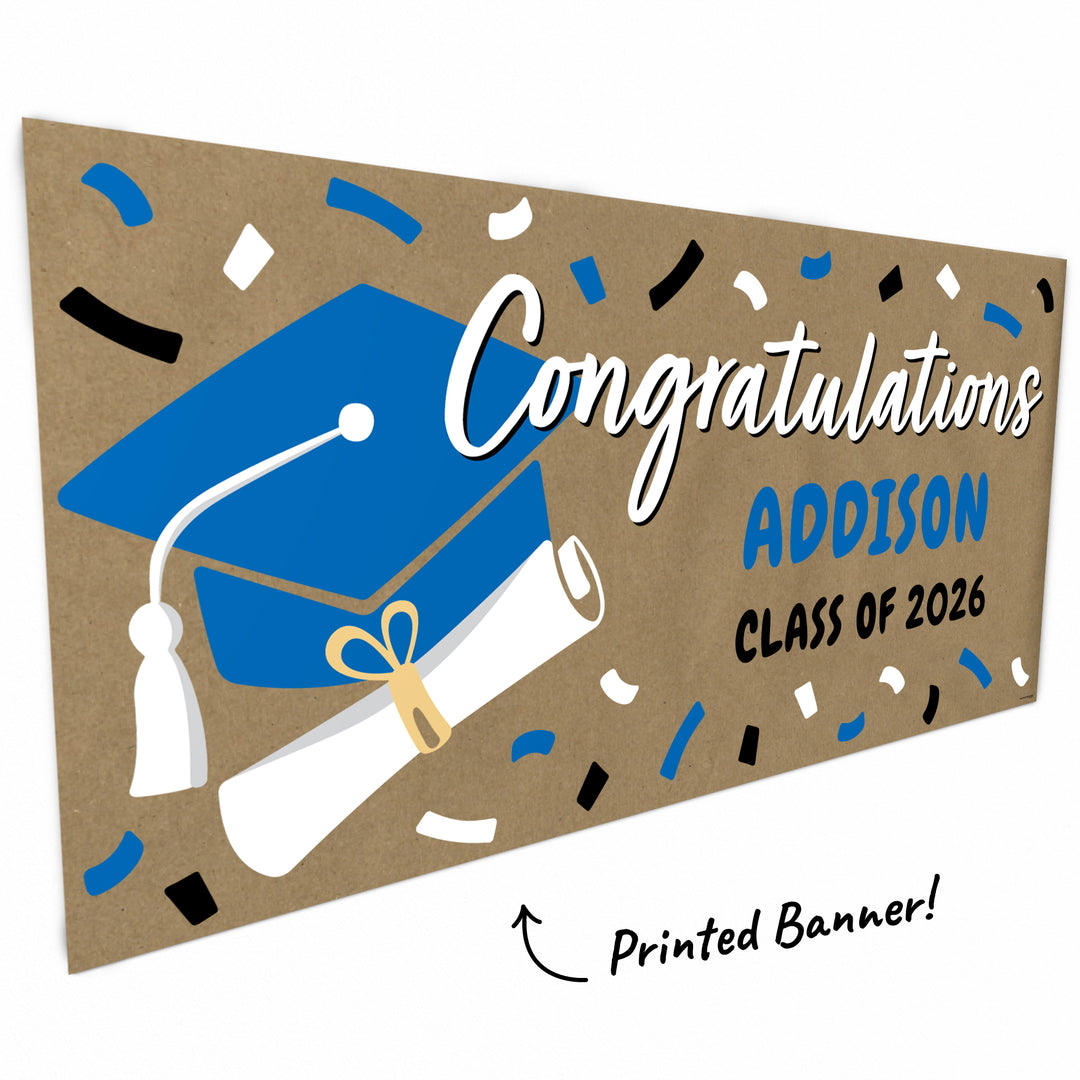Blue hand-painted style graduation banner close-up
