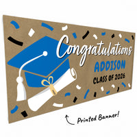 Blue hand-painted style graduation banner close-up