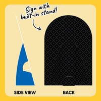Back detail of blue graduation party sign showing folding tabletop stand