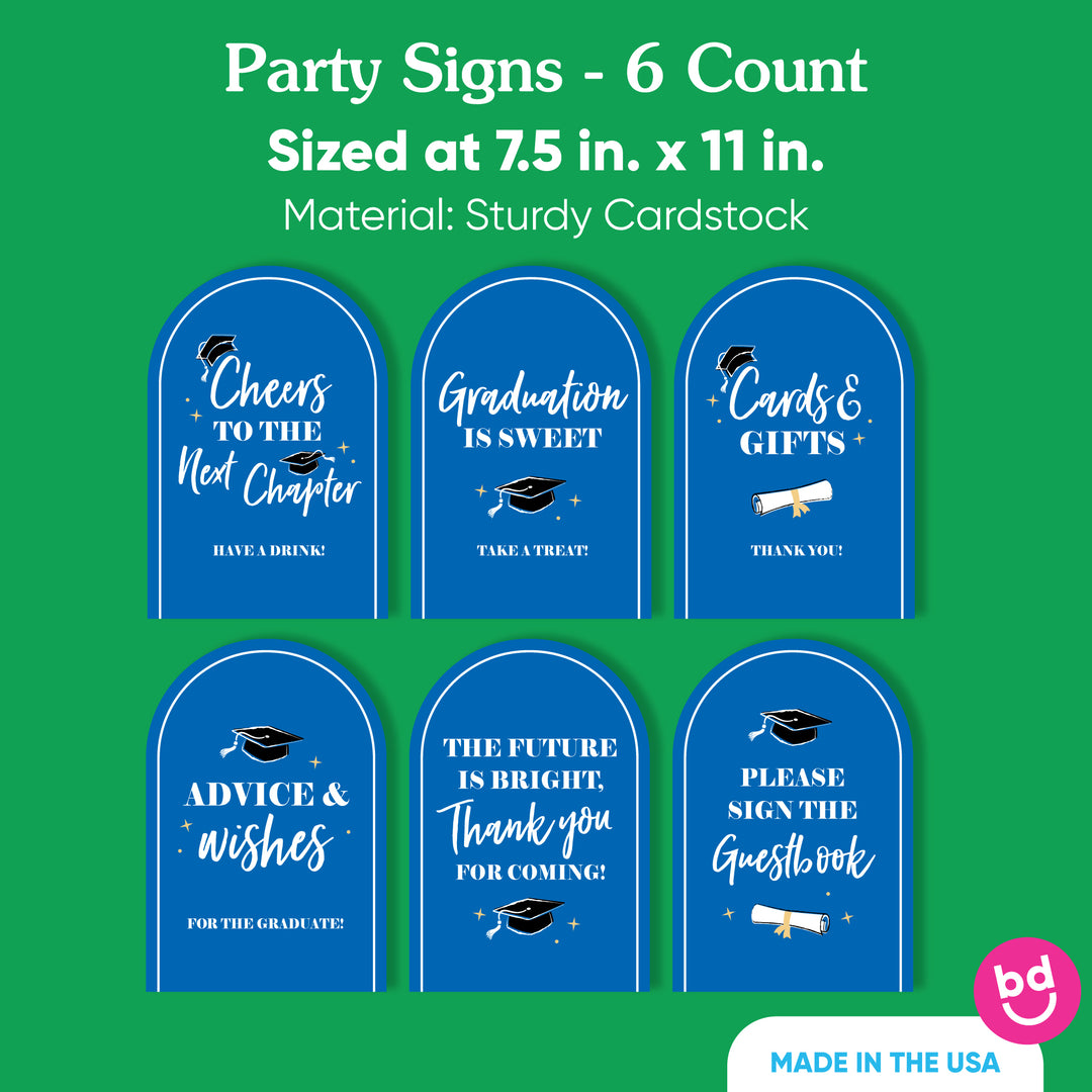 Six blue graduation open house signs for drinks, favors, guestbook, and gifts