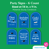 Six blue graduation open house signs for drinks, favors, guestbook, and gifts