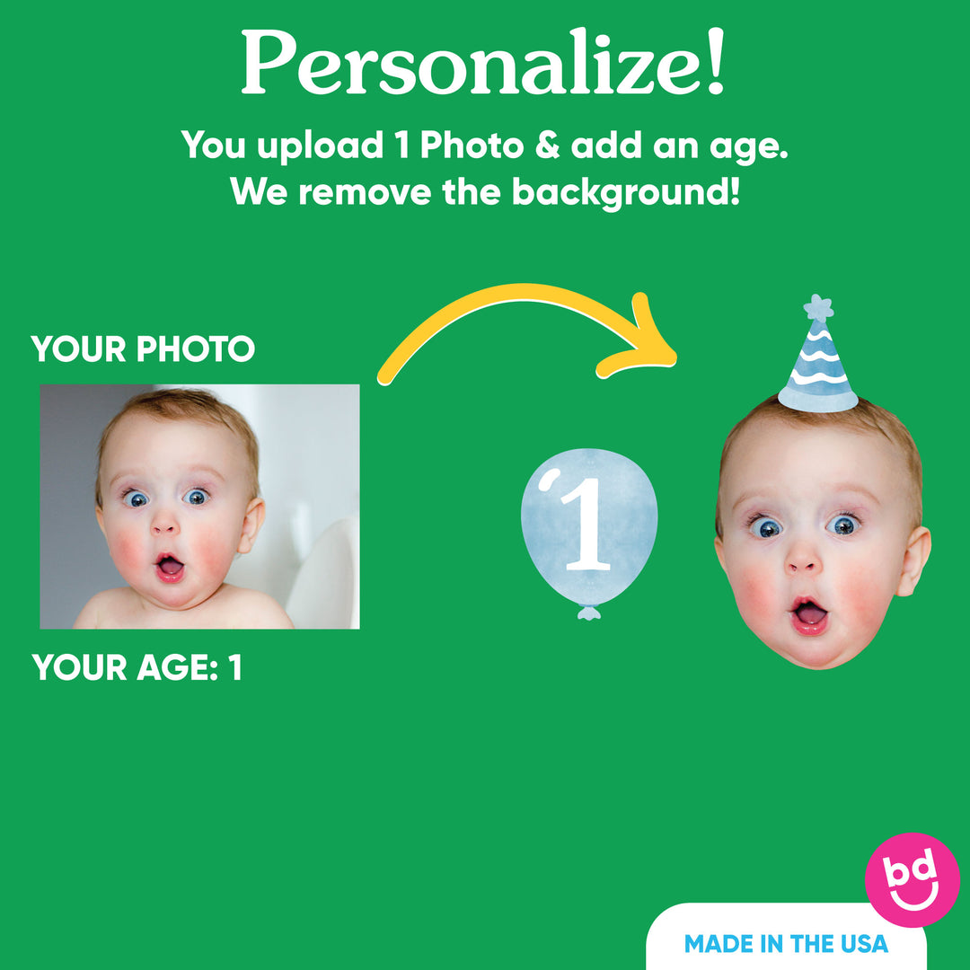 Custom photo face and age balloon cake topper detail