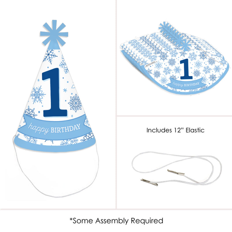 Blue Snowflakes 1st Birthday - Cone Happy Birthday Party Hats for Kids and Adults - Set of 8 (Standard Size)