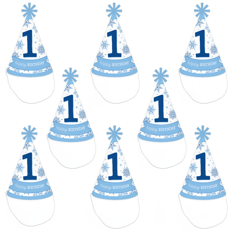 Blue Snowflakes 1st Birthday - Cone Happy Birthday Party Hats for Kids and Adults - Set of 8 (Standard Size)