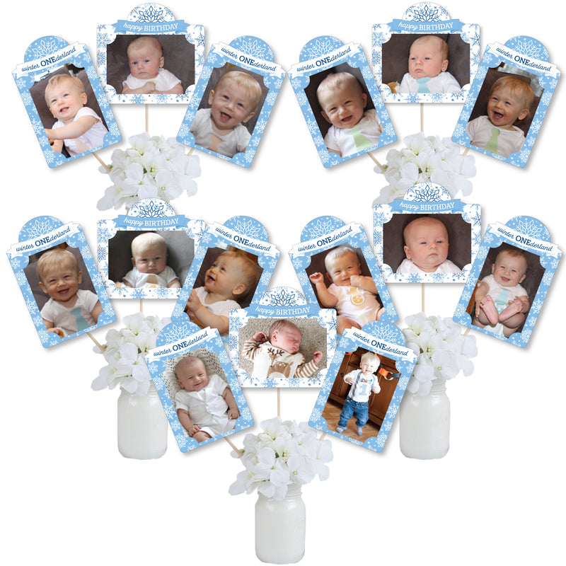 Blue Snowflakes 1st Birthday - Boy Winter ONEderland Party Picture Centerpiece Sticks - Photo Table Toppers - 15 Pieces
