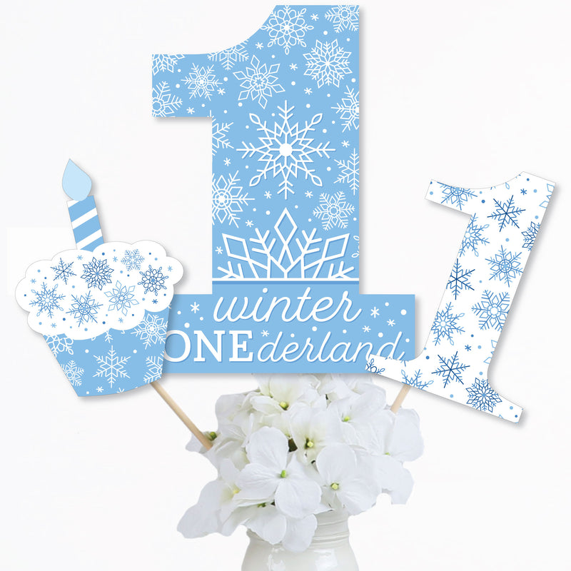 Blue Snowflakes 1st Birthday - Boy Winter ONEderland Party Centerpiece Sticks - Table Toppers - Set of 15