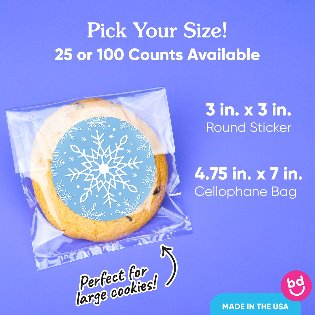 Blue Snowflakes Stickers & Clear Cookie Bags - 25 Ct