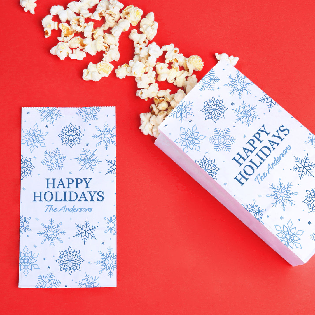 Custom Text Popcorn Bags - Blue Snowflakes - 25 Ct