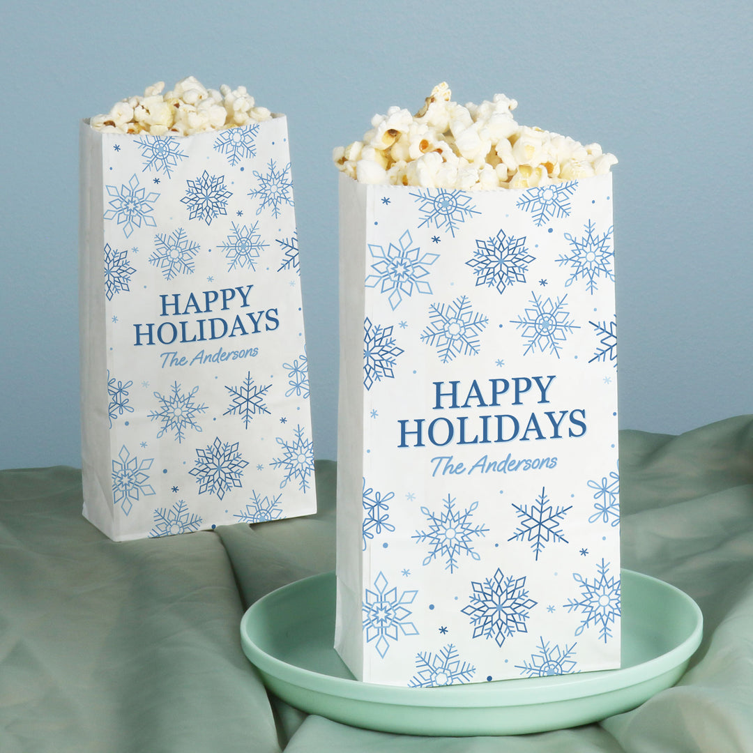 Custom Text Popcorn Bags - Blue Snowflakes - 25 Ct