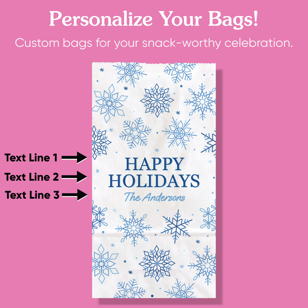 Custom Text Popcorn Bags - Blue Snowflakes - 25 Ct