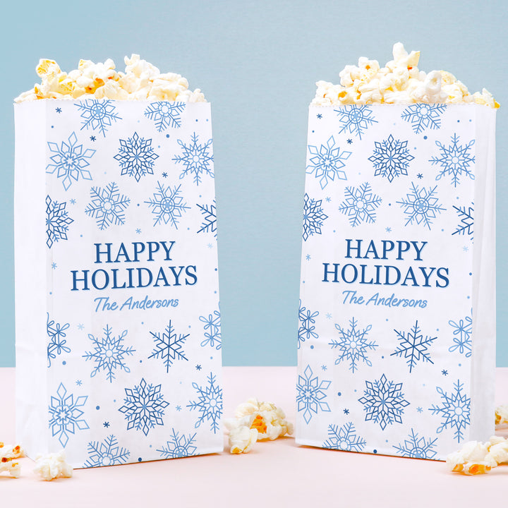 Custom Text Popcorn Bags - Blue Snowflakes - 25 Ct