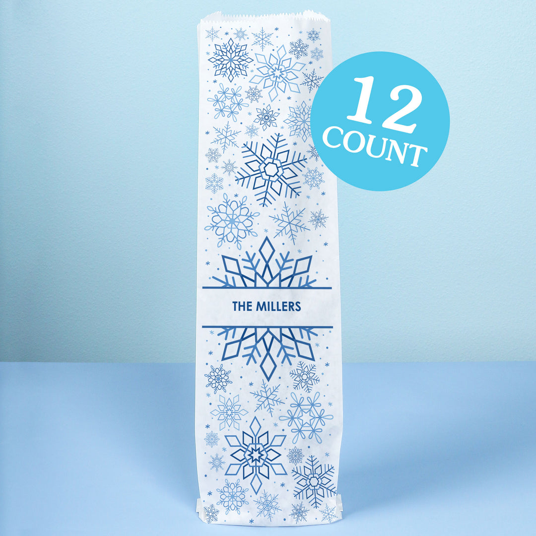 Personalized wine bag for gifting with snowflake pattern and '12 Count' label on a blue background