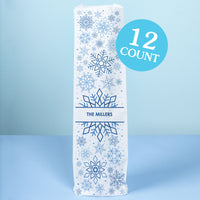 Personalized wine bag for gifting with snowflake pattern and '12 Count' label on a blue background