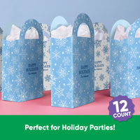 Custom Text Blue Snowflakes Paper Favor Bags - 12 Ct