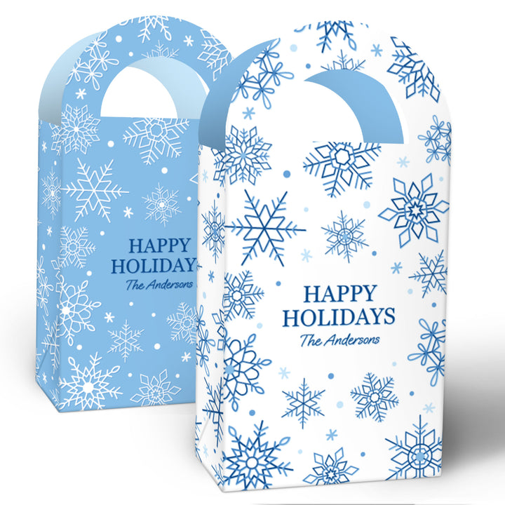 Custom Text Blue Snowflakes Paper Favor Bags - 12 Ct
