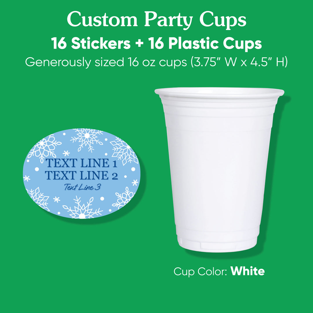 Custom Text Party Cups - Blue Snowflakes - 16 Ct