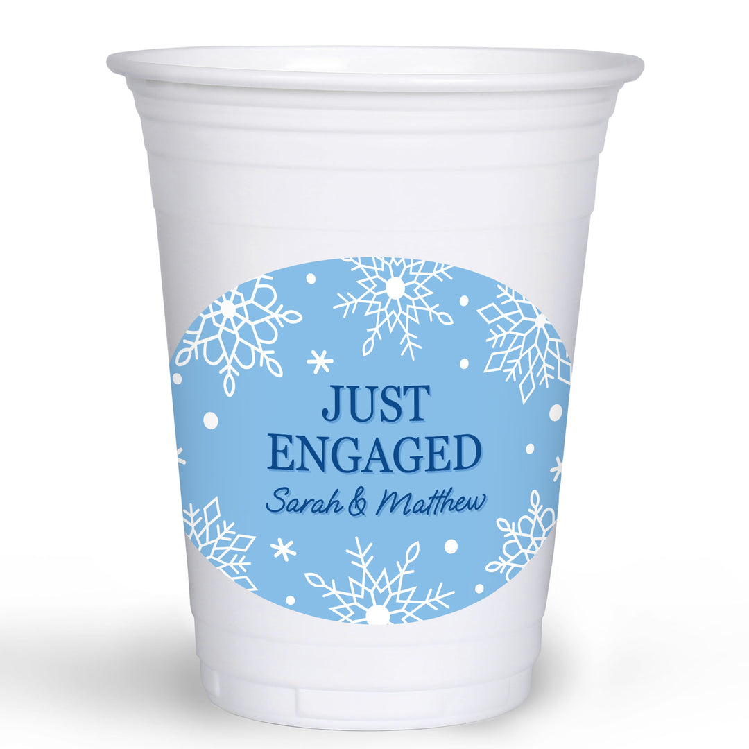 White Custom Party cup with blue snowflake design and 'Just Engaged' text on a white background
