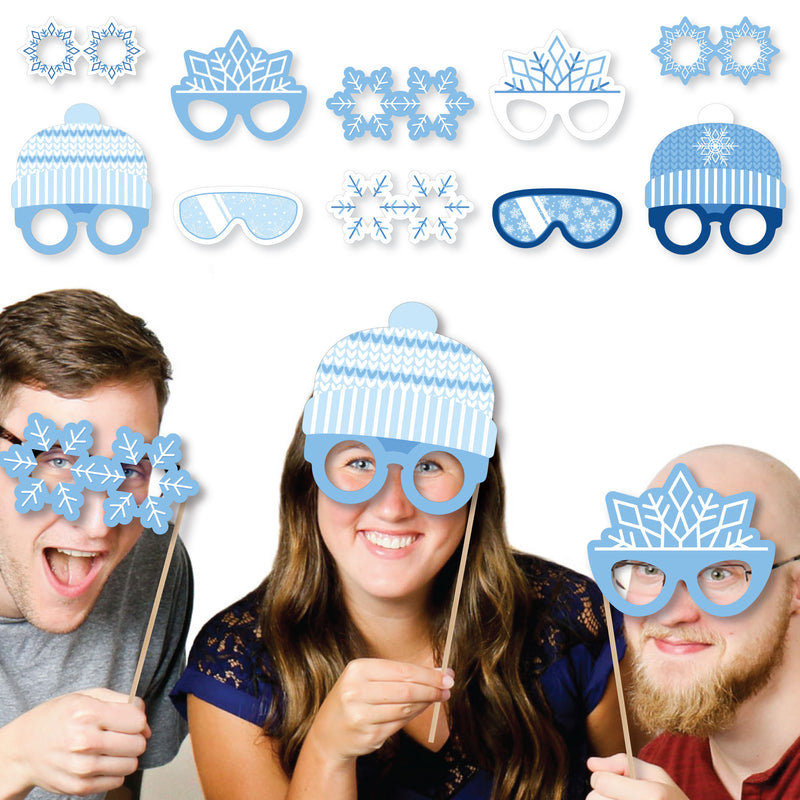 Blue Snowflakes Glasses and Headpieces - Paper Card Stock Winter Holiday Party Photo Booth Props Kit - 10 Count