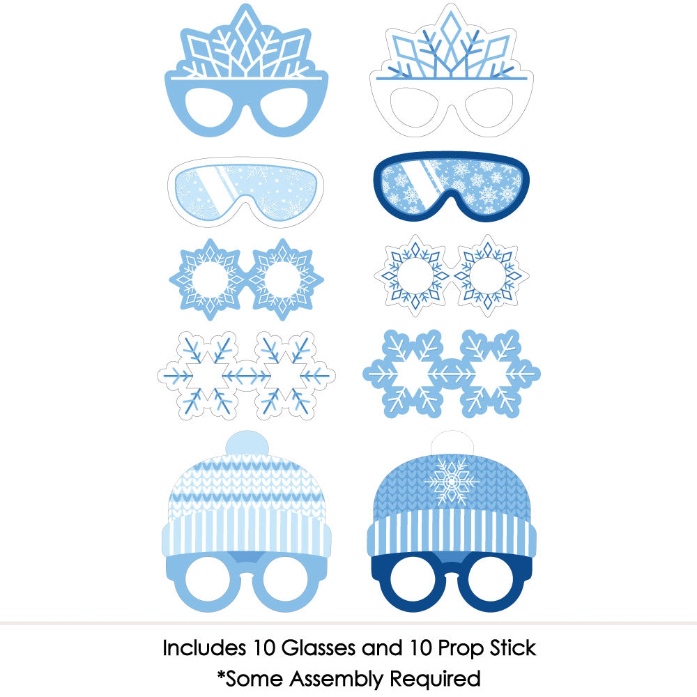 Blue Snowflakes Glasses and Headpieces - Paper Card Stock Winter Holiday Party Photo Booth Props Kit - 10 Count