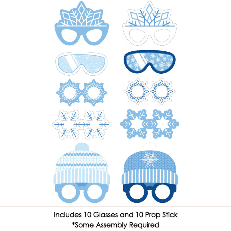 Blue Snowflakes Glasses and Headpieces - Paper Card Stock Winter Holiday Party Photo Booth Props Kit - 10 Count
