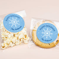 Custom Text Stickers & Clear Cookie Bags - Blue Snowflakes - 25 Ct