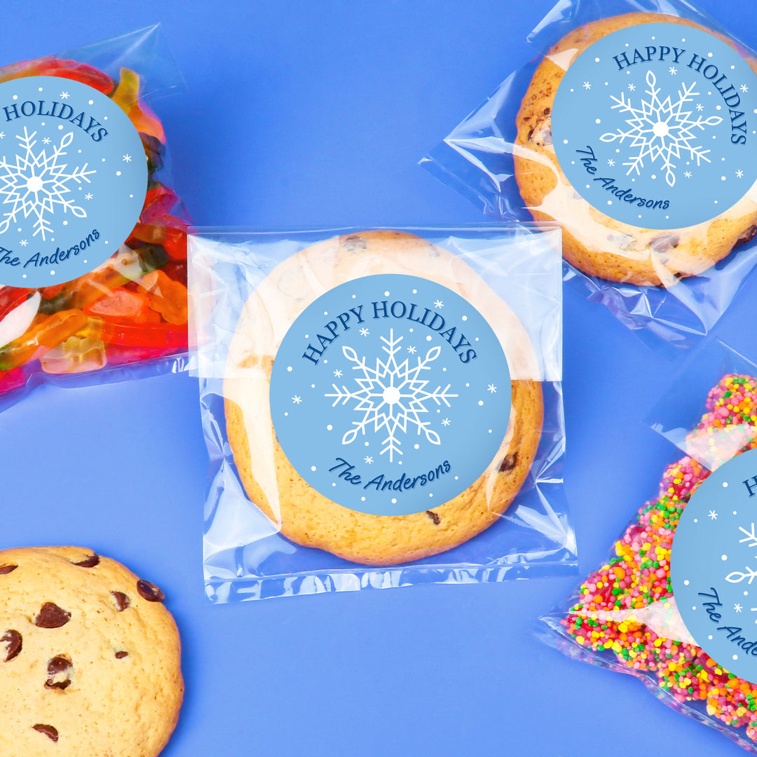 Custom Text Stickers & Clear Cookie Bags - Blue Snowflakes - 25 Ct