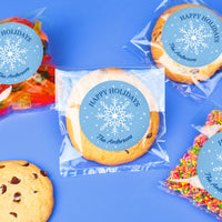 Custom Text Stickers & Clear Cookie Bags - Blue Snowflakes - 25 Ct