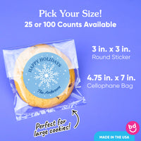 Custom Text Stickers & Clear Cookie Bags - Blue Snowflakes - 25 Ct