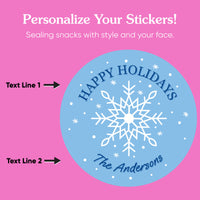 Custom Text Stickers & Clear Cookie Bags - Blue Snowflakes - 25 Ct