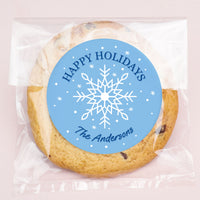 Custom Text Stickers & Clear Cookie Bags - Blue Snowflakes - 25 Ct