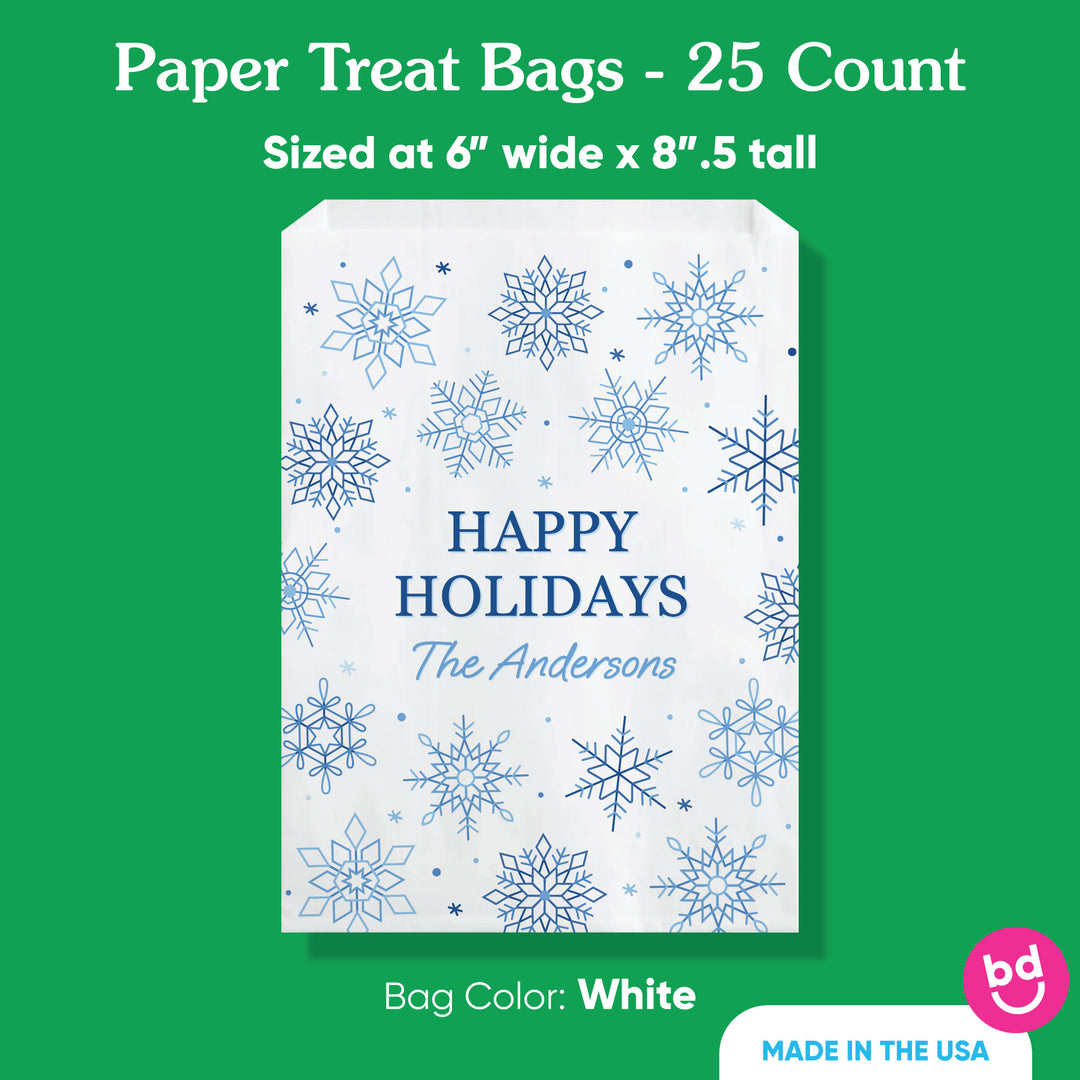Custom Text Paper Treat Bags - Blue Snowflakes - 25 Ct