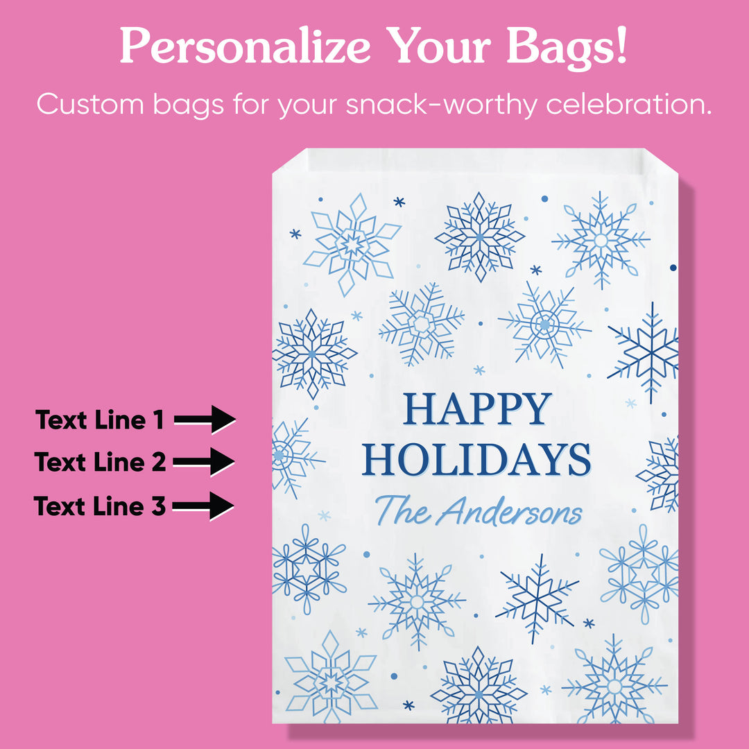 Custom Text Paper Treat Bags - Blue Snowflakes - 25 Ct