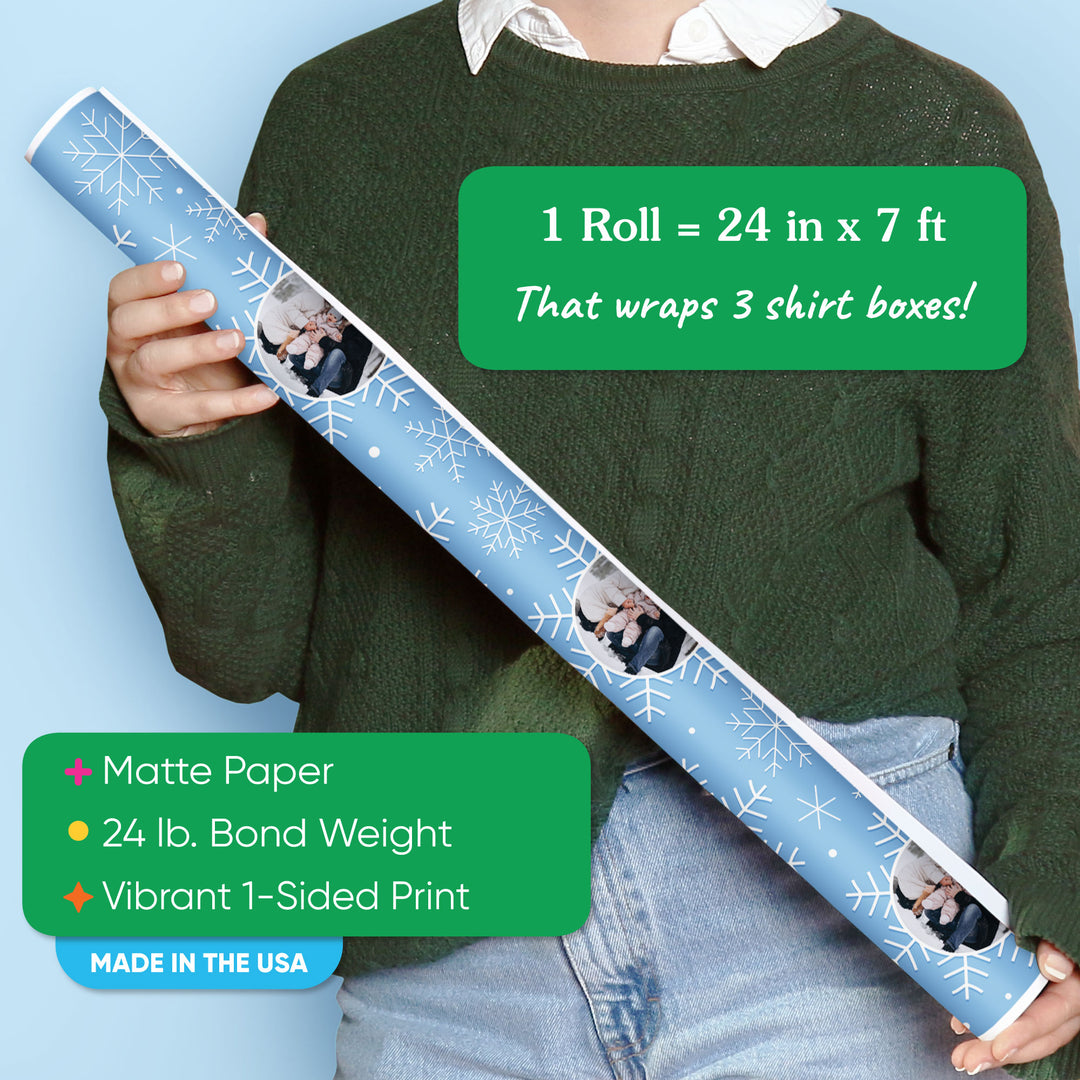 Person holding a large roll of blue paper with text about dimensions and features.