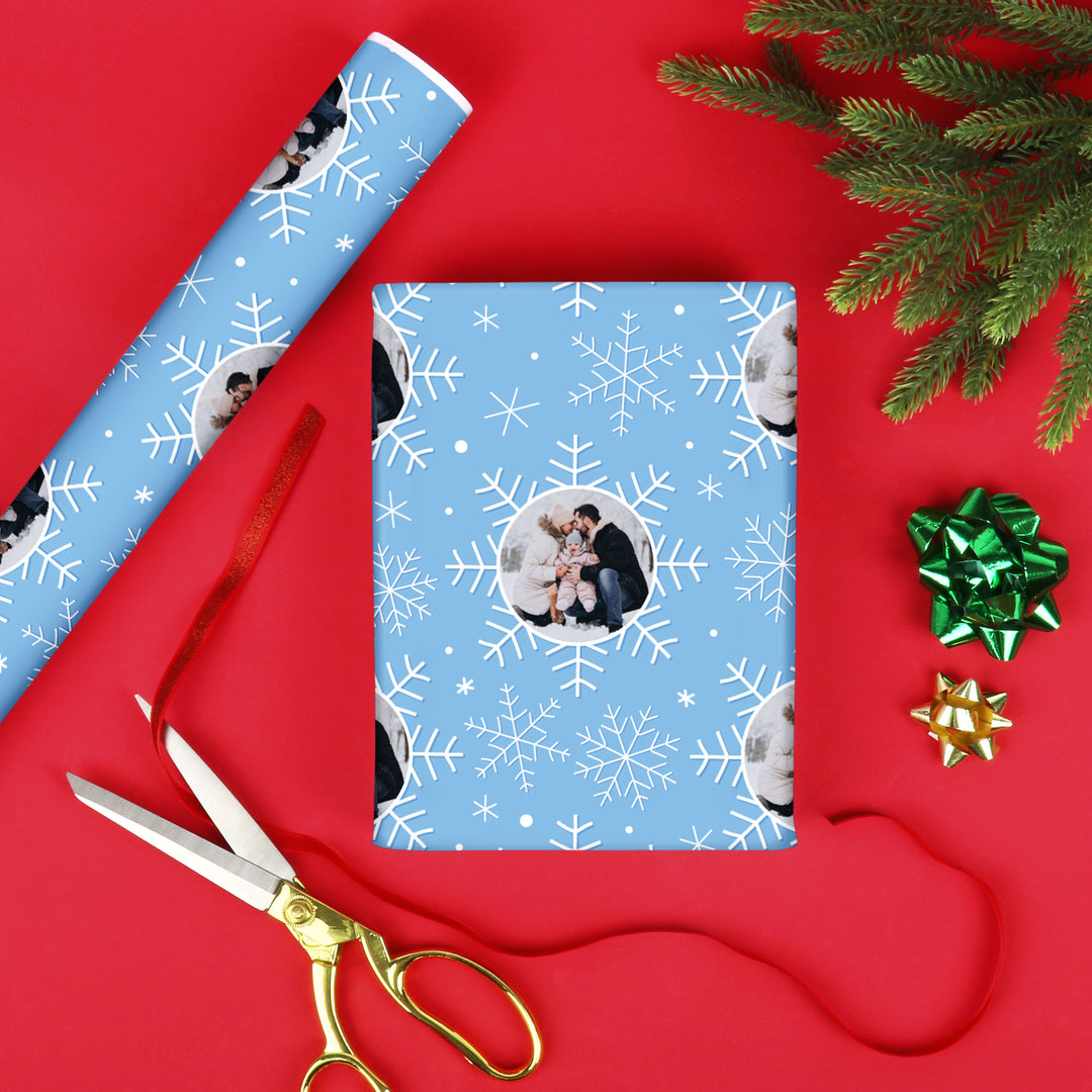 Custom Photo Wrapping Paper - Blue Snowflakes